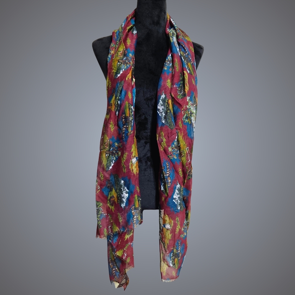 Patricia Nash Scarf Frayed Edges Maroon Floral Summer Fall Autumn Gift Feminine